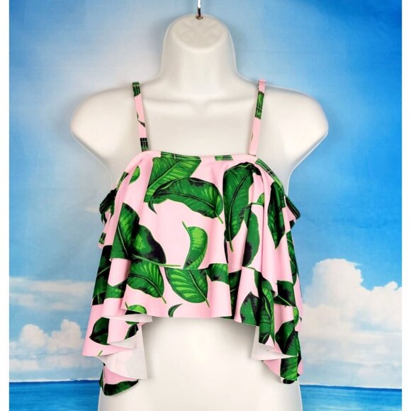 PINK with Green Fern print OFF/COLD Shoulder RUFFLE removable adj straps size Sm - Picture 3 of 7